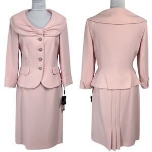 NEW Tahari ASL Jessielyn Blazer Skirt Suit Set Size 6 4 Bow Pleated‎ Pink Icon